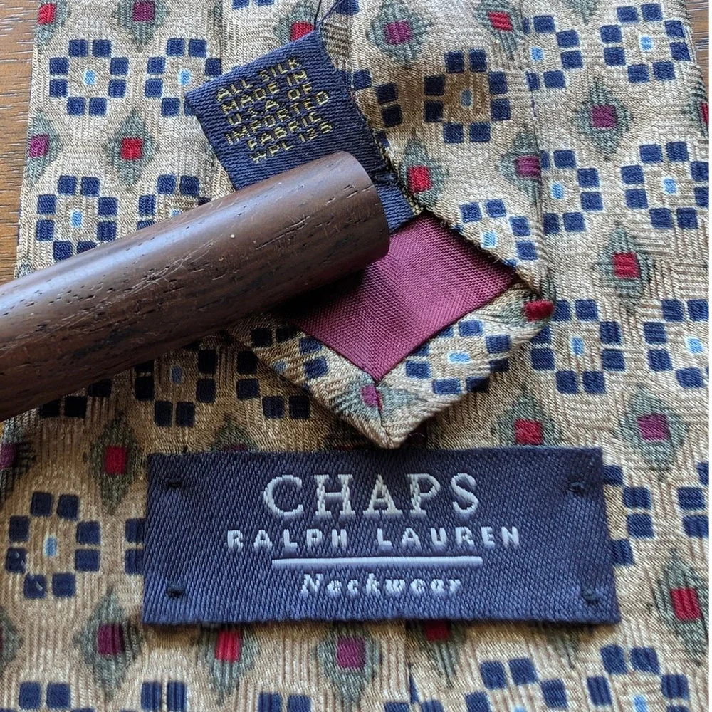 VTG Chaps‎ Ralph Lauren Men's Silk Necktie Geometric Pattern Tan Blue Red